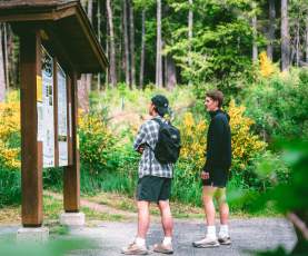 Two men looking at a trail sign at Ammonite Falls