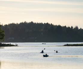 Three people kayaking, returning to shore as the sun begins to set.