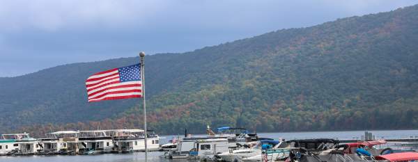 American flag waving in the breeze at Seven Points Marina