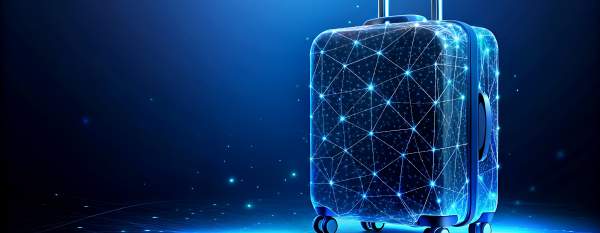 A glowing, digital-style suitcase symbolizing how AI solutions enhance travel and destination marketing efforts for DMOs.