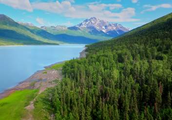 Eklutna Lake and the Chugach Mountains as seen from the air.