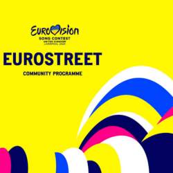 EuroStreet part of the Eurovision 2023 programme in Liverpool. White text on a bright blue background. There are heart shapes in different colours including yellow, blue, pink and dark blue.