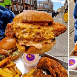 Two photos of burgers and chicken on a try.
