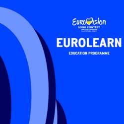 EURO LEARN - Eurovision 2023 graphic. An indigo coloured background with coloured rings detail in yellow, pink blue and darker blue.