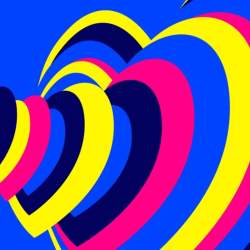 Pink, yellow and blue concentric hearts on a blue background.