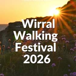 Front cover of Wirral Walking Festival 2026 brochure showing a sunset scene.
