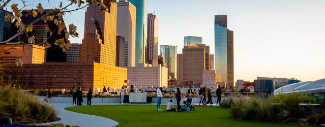 People In A Houston Park With The City In The Background.