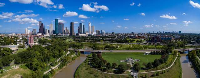 Aerial view of Police Memorial in Downtown Houston on a sunny day