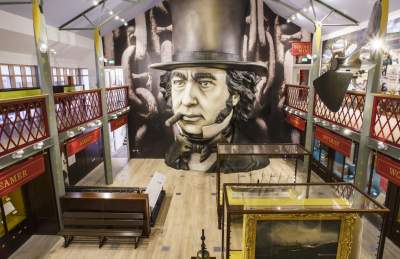 Exhibition space with large head of Brunel on wall