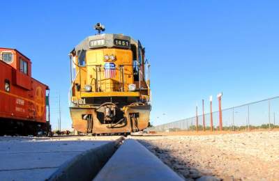 Train car on track from ground level.