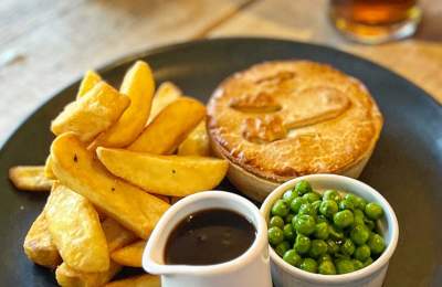 Pie, chips and gravy at pub in the New Forest