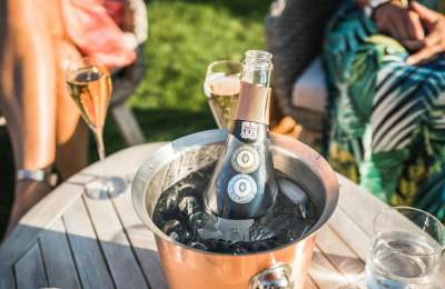 a bottle of wine in a cooler, glasses and people