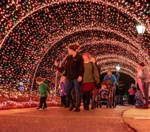 family walking through a tunnel of lights