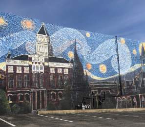 Clarksville mural in the style of Van Gogh's Starry Night