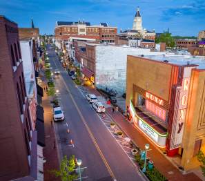 aerial historic streetscape at night