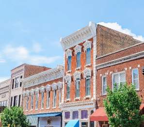 streetscape of historic building tops