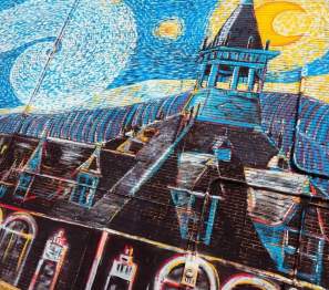 large wall mural of Clarksville buildings