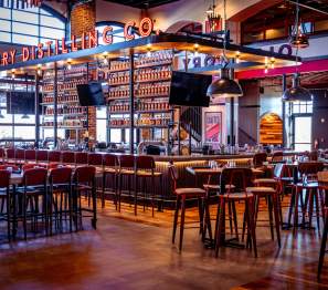 Wide view of interior and bar of Old Glory Distilling Co.