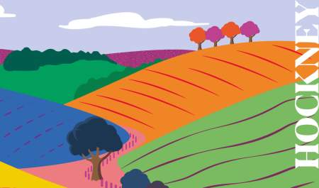 A graphic of a colourful hilly landscape