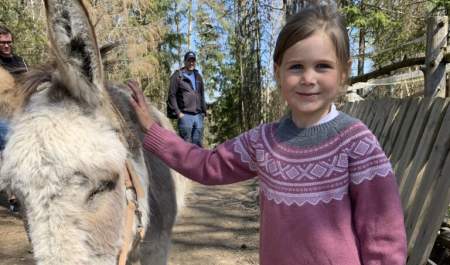 Jente klapper et esel på "The Funny Farm"