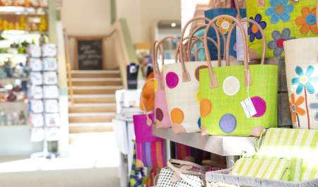 Display of tote bags at Aston Pottery