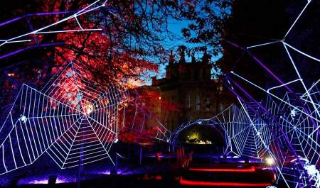 Illuminated spiderweb light installations at Blenheim Palace in the Cotswolds, glowing in blue, purple and red against a dark evening sky.