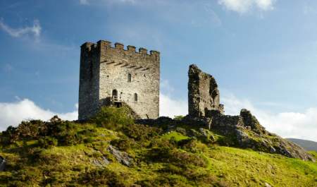 View of the remains of Dolwyddelan Castle in Conwy on top of a hill