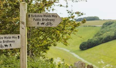 Yorkshire wolds way fingerposts pointing left and right with the green valley in the background.