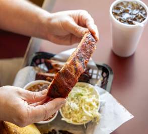 A close up picture of a delicious rib from Hickory Hut in Salina Kansas