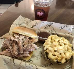 pulled pork sandwich and mac & cheese tray