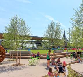 kids playing an a large urban park