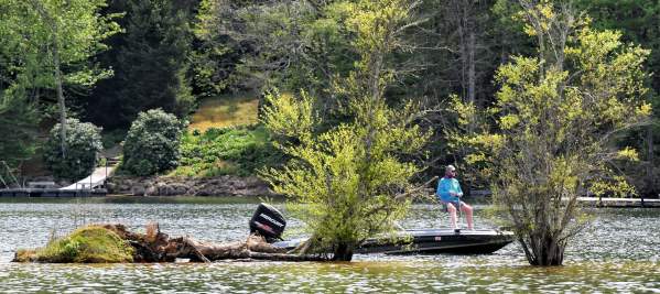Man on a bass boat fishing on Lake Glenville, North Carolina