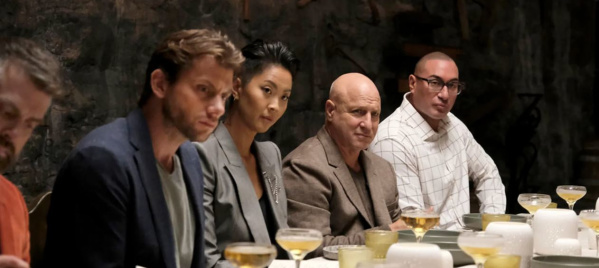 Luke Zahm, Charlie Berens, Kristen Kish, Tom Colicchio and Omar Shaikh in Episode 2 of "Top Chef" at the judges table.