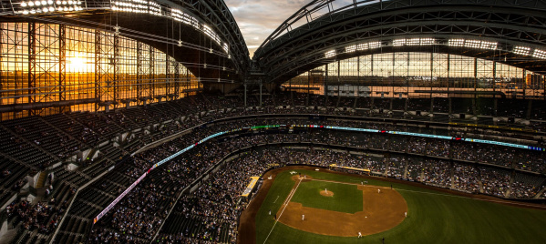 American Family Field with roof open, sunset