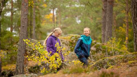 To jenter på fottur  eller vandretur i skogen i ved Børtevann i Østfold.