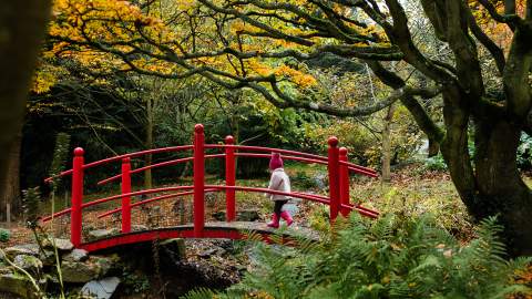 Child in bobble hat and pink coat crossing a bridge at Batsford Arboretum