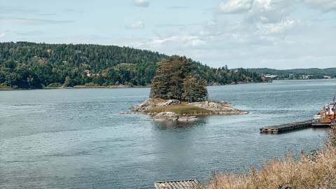 Kafésett på uteserveringen på Furuholmen, med utsikt over Glomma en solskinnsdag. Foto.