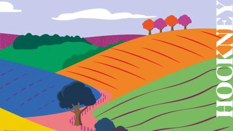 A graphic of a colourful hilly landscape