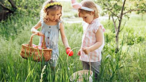Two little girls wearing Easter headdresses collect eggs in baskets in the garden
