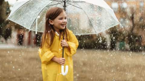 child in rain car holding an umbrella in the rain