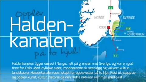 Forsiden til Haldenkanalens sykkelbrosjyre: Opplev Haldenkanalen på to hjul