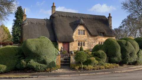 A beautiful thatched cottage surrounded by topiary trees from Manor Cottages in the Cotswolds