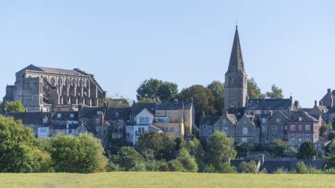 The town of Malmesbury in the Cotswolds viewed from a distance. The skyline is dominated by the Malmesbury Abbey