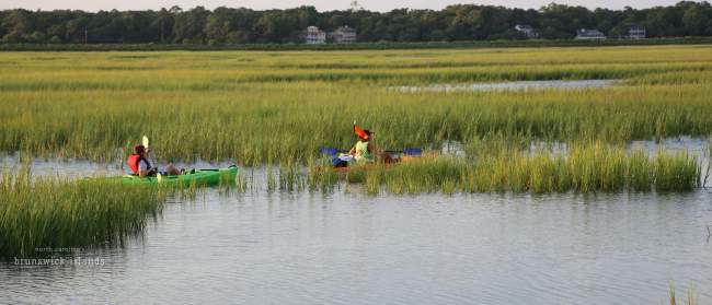 two people kayaking through marsh grasses