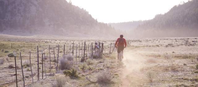 a man on a mountain bike rides along an old fence, kicking up dust behind him, riding towards a set of hills in the distance