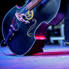 A close up of a stand up bass tipped to its side.