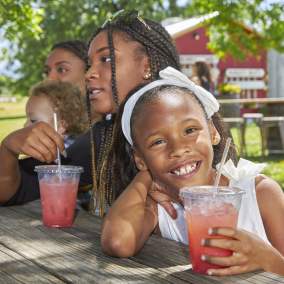 A girl at a picnic table smiles with her pink lemonade.