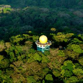 Aerial view of the Canopy Tower, a bird watching place surrounded by a lot of vegetation in Soberania National Park