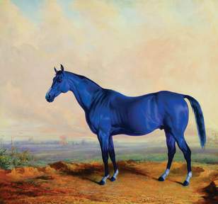 Painted portrait of Big Lex - a large, vibrantly blue horse.