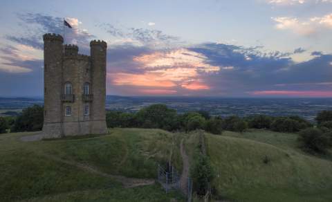 A view towards Broadway Tower at dawn